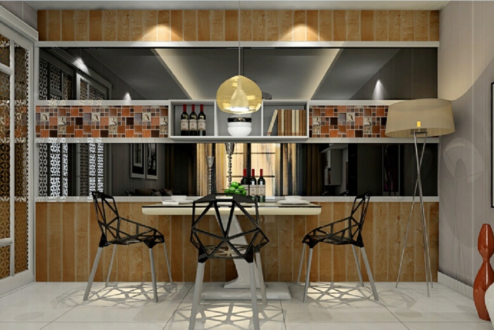 offene-küche-wohnzimmer-abtrennen-regal-raumteiler-esstisch-moderne-plastikstühle-weiße-bodenfliesen-stehlampe