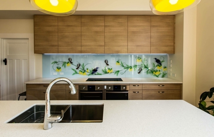 sportzschutz herd glas küche gestalten küchengestaltung ideen 3d wand rückwand mit floralen motiven