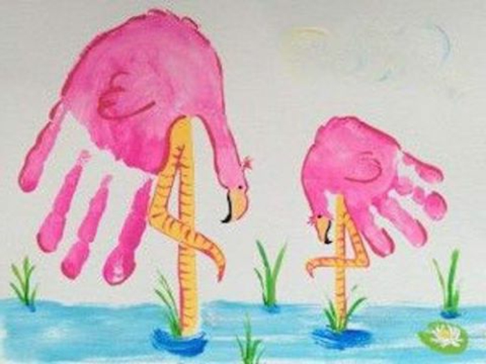 zwei pinke flamingos - handabdruck bilder 