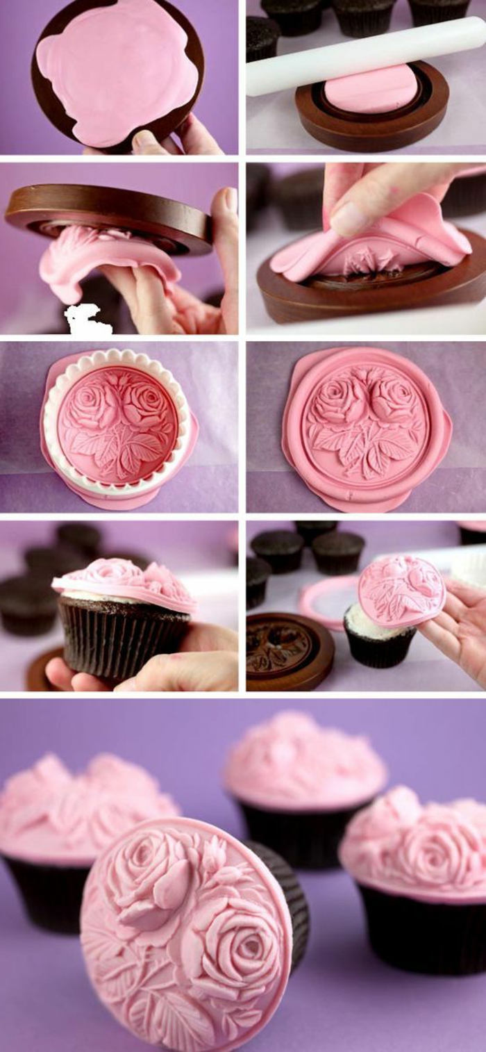 cupcakes dekorieren mit rosa fondant, runde form