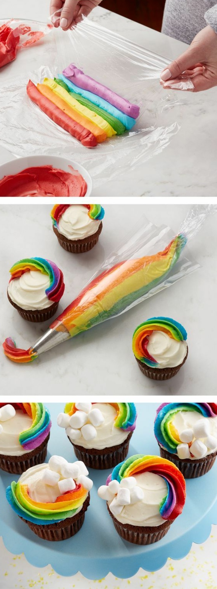 cupcakes dekorieren mit sahne in den farben des regenbogens