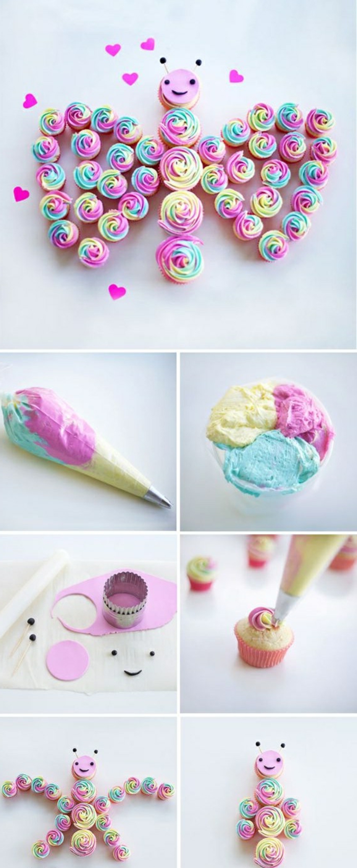 cupcakes dekorieren mit sahne in verschiedenen farben, schmetterling