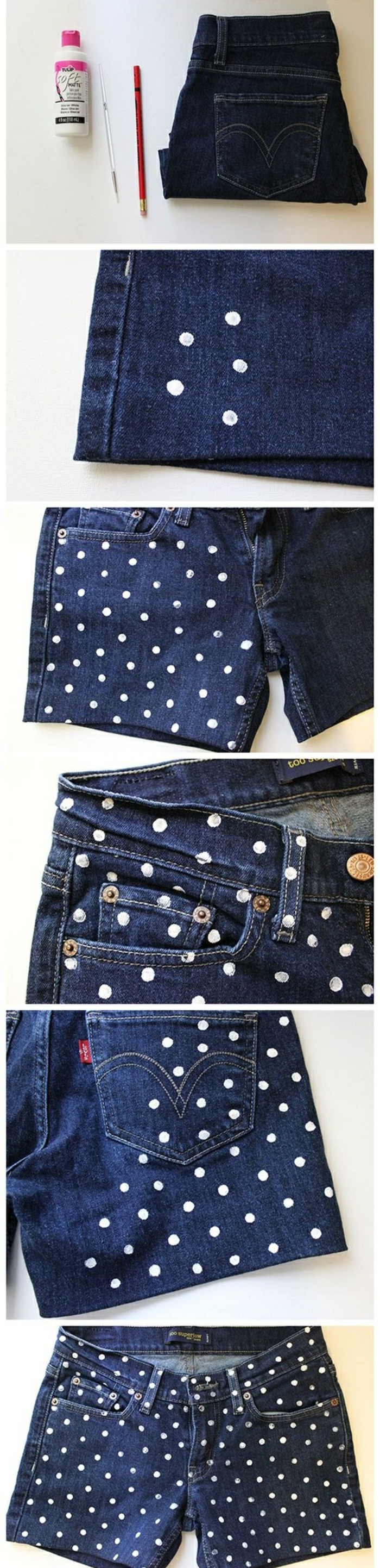 upcycling ideen - dunkelblaue jeans mit weißen punkten