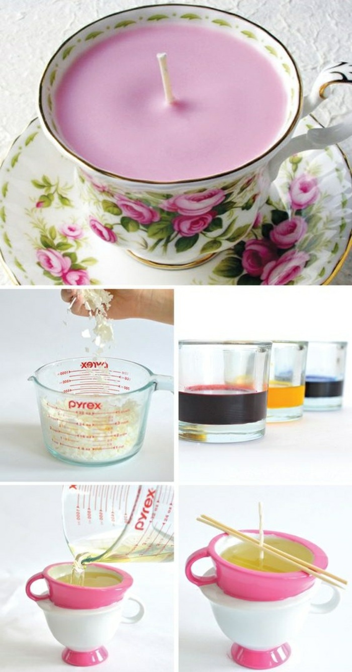 kerzen selber machen - rosa kerze in teetasse