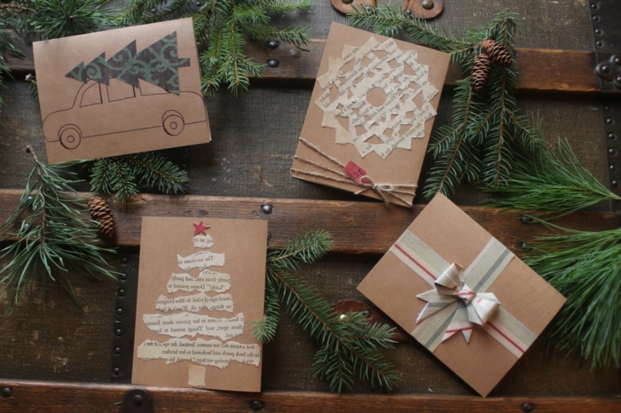 Weihnachtskarten selbstgemacht, aus Buchseiten, verschiedene Figuren wie Tannenbaum, Upcycling Ideen einfach
