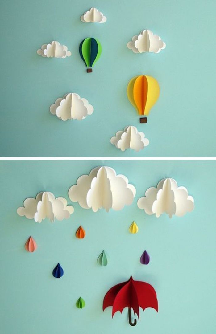 kreative Deko Idee, Figuren für die Wand aus Papier basteln, Wolken, Regeschirme