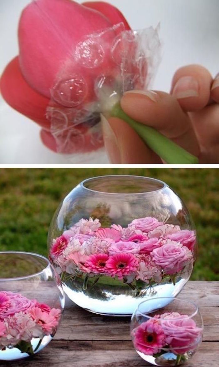 DIY Deko Idee, Blumen mit Luftpolsterfolie in Glasschale, lange frisch bleiben, Zimmer dekorieren