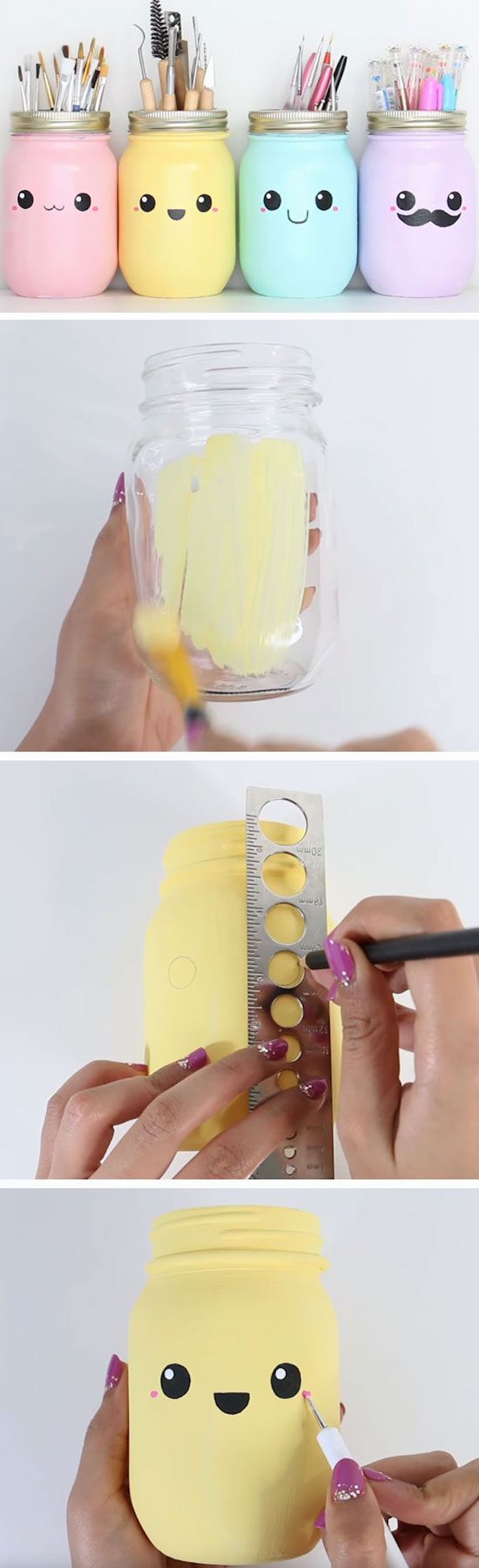 DIY, bunte Gläser mit Gesichtern für Kugelschreiber, Bleistifte und Pinsel