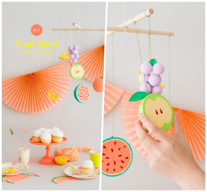 baby mobile basteln, partydeko ideen, kleine figuren aus styropor, bunte früchte, summerparty deko
