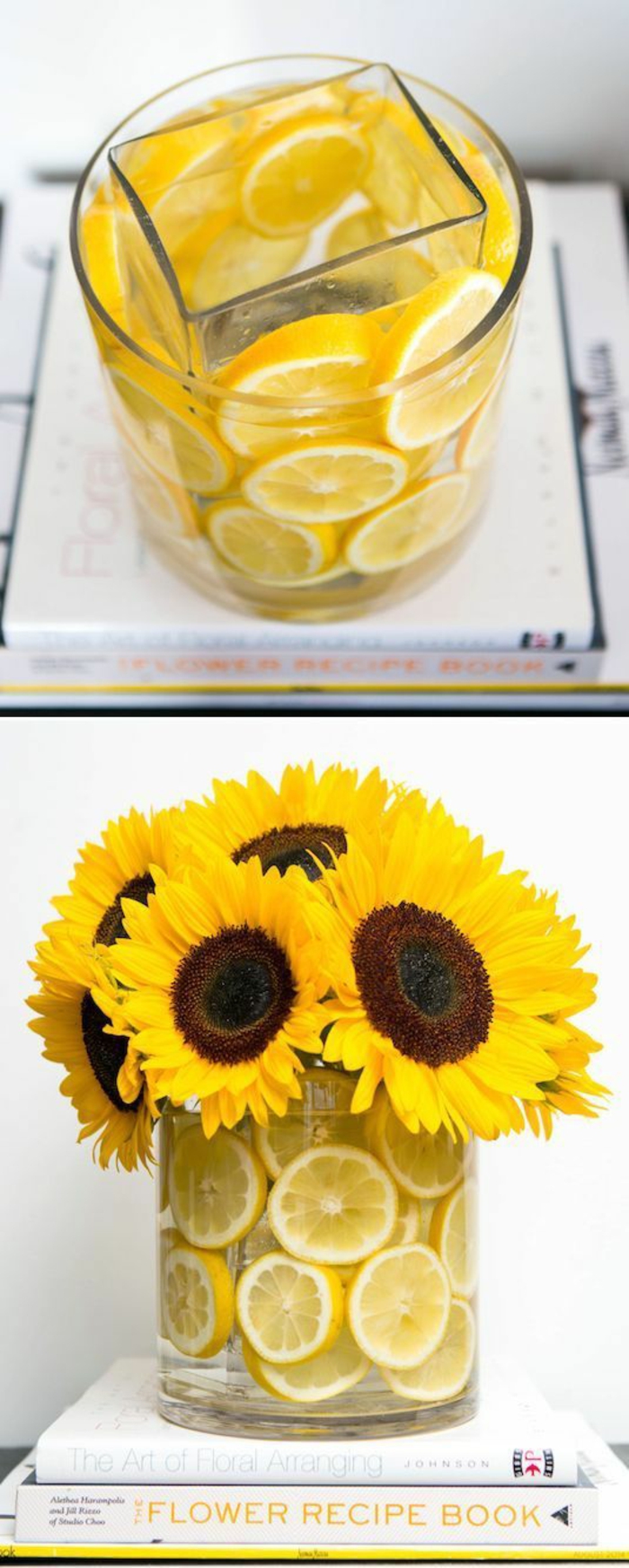 vase aus glas dekoriert mit zitronenschalen, gelbe blumen, sonnenblumen