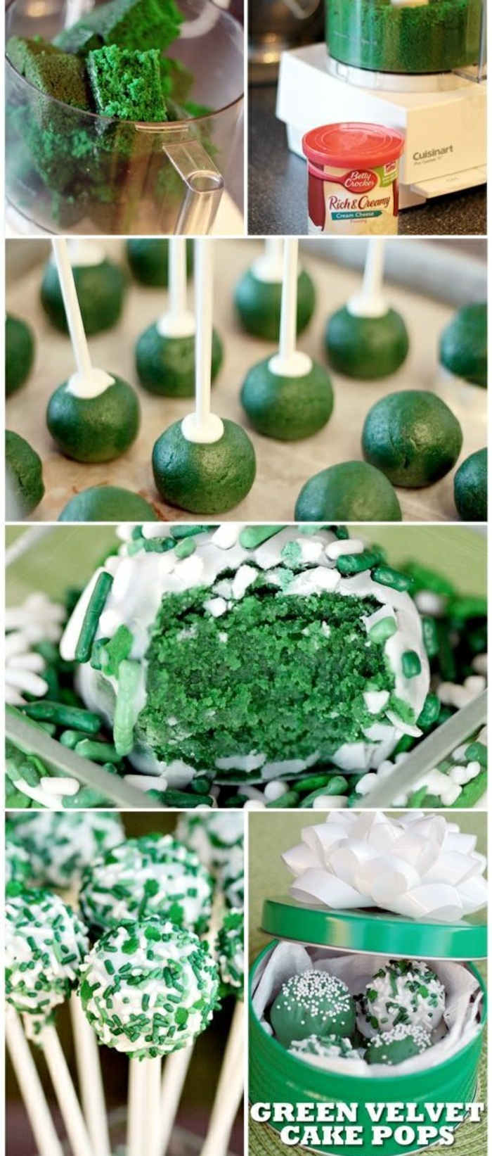 cake pops aus grünem teig mit zuckerperlen dekorieren