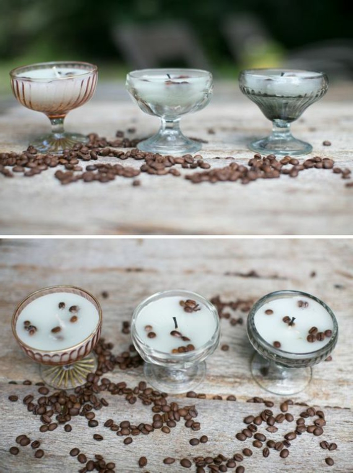 kerzen selber machen - kleine, weiße, runde kerze mit kaffeebohnen