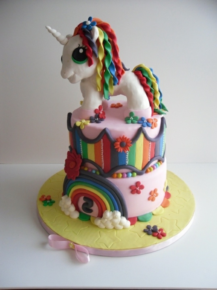 einhorn kuchen - hier ist eine märchenhafte einhorn torte mit einem einhorn mit einer regenbogenfarbenen mähne 
