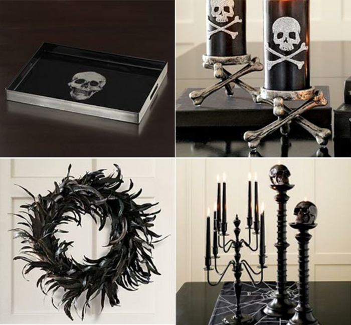 Servierbrett mit einem Totenkopf, schwarze Kerzen mit Totenköpfen, schwarzer Metallkranz, Metallleuchter