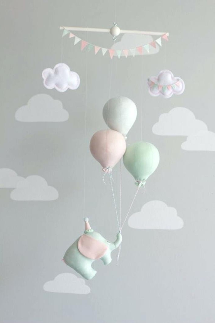 babyzimmerdeko selber machen, mobile nähen, elefant mit heißluftballons und wolken, diy deko