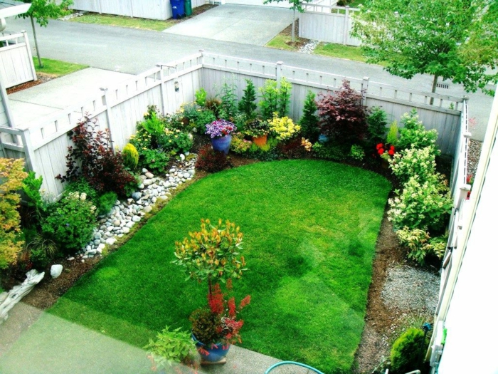 Vorgartengestaltung in einem kleinen Garten mit Kies, Grass und Beete
