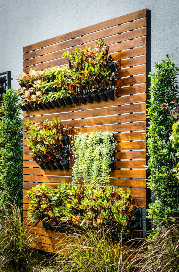 eine grüne Wand auf Holz gepflanzt - ein so schöner vertikaler Garten