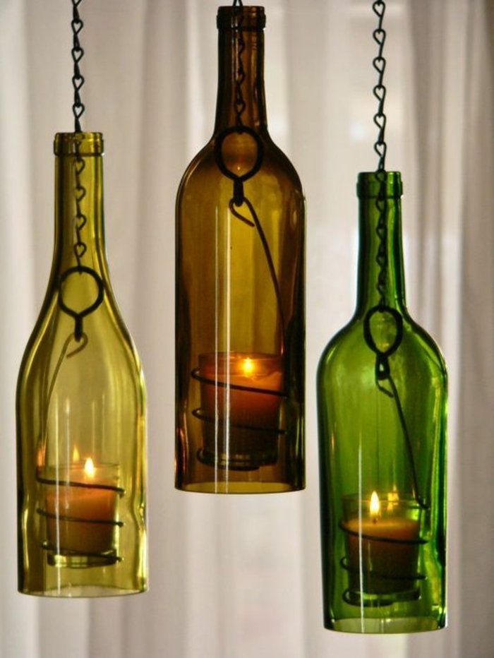 upcycling ideen - dekorationen aus weinflaschen mit kerzen 