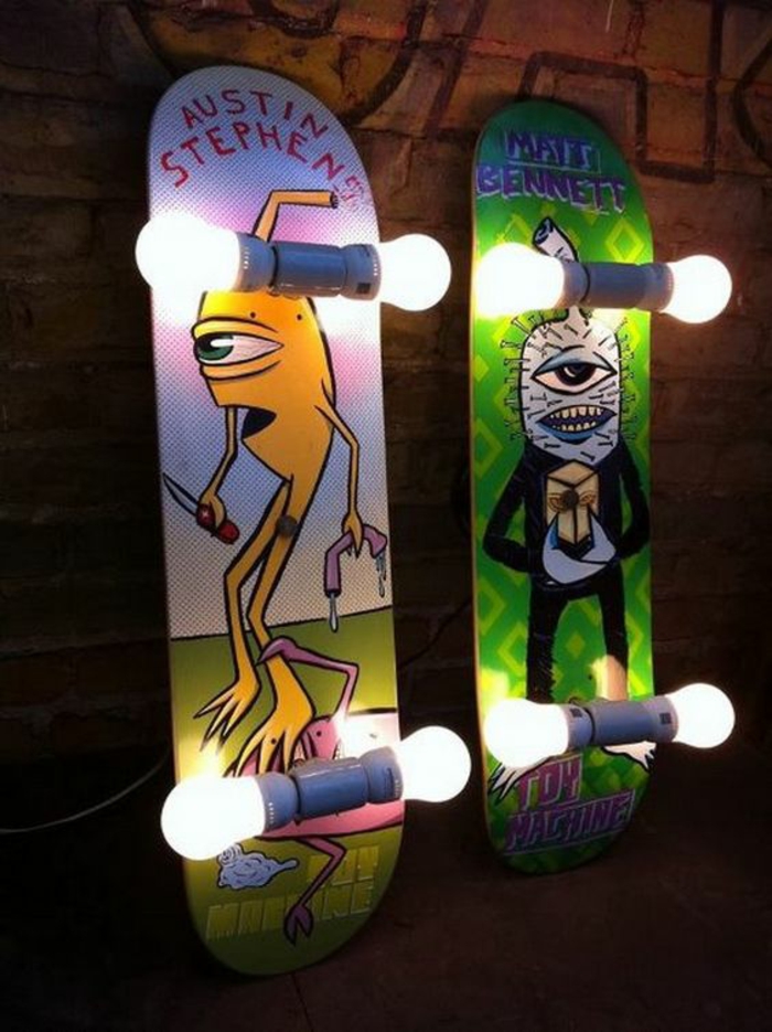 selbstgemachtete wandlampen aus skateboards - eine kreative wanddeko