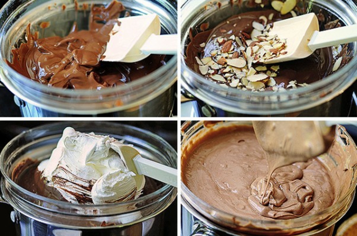 glutenfreier Kuchen - Kuchenmischung mit Schokolade, Sahne und Mandeln in einer Rührschüssel aus Glas