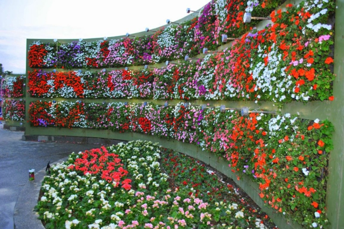 vertikal Garten mit vielen verschiedene Arten von Blumen an gerundeter Wand