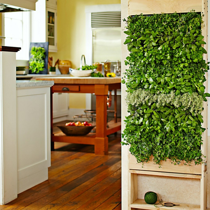 vertikal pflanzen in der Küche, Tisch aus Massivholz mit grünen Dekoration