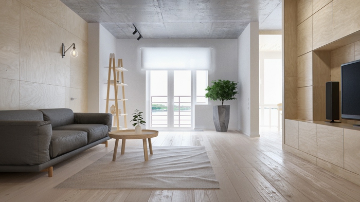 Wohnzimmer mit grauer Couch, Designer-Holzregal, runder Couchtisch aus Holz, eingebauter Fernsehregal