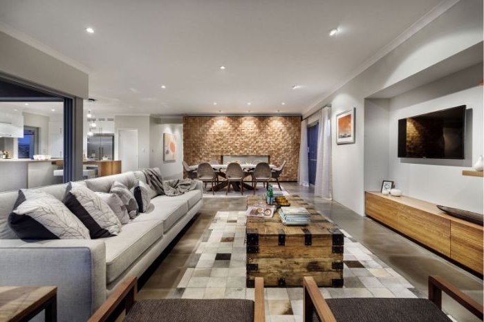 wohnzimmer ideen modern in einem robusten minimalistischen stil, braun und grau einrichtungsideen