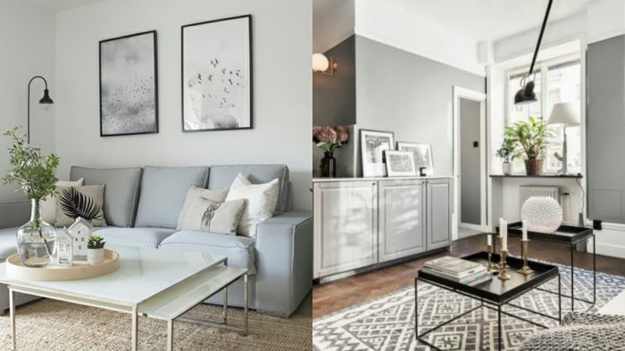 wohnzimmer ideen modern, collage aus zwei bildern mit design ideen, graue einrichtung