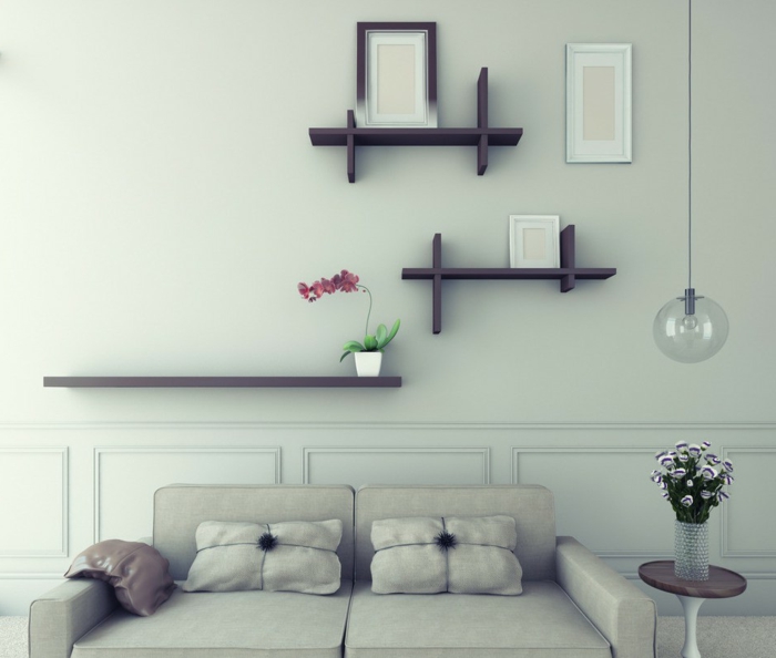 Wanddeko Wohnzimmer: verschieden Modelle von dekorativen Wandregalen aus Holz