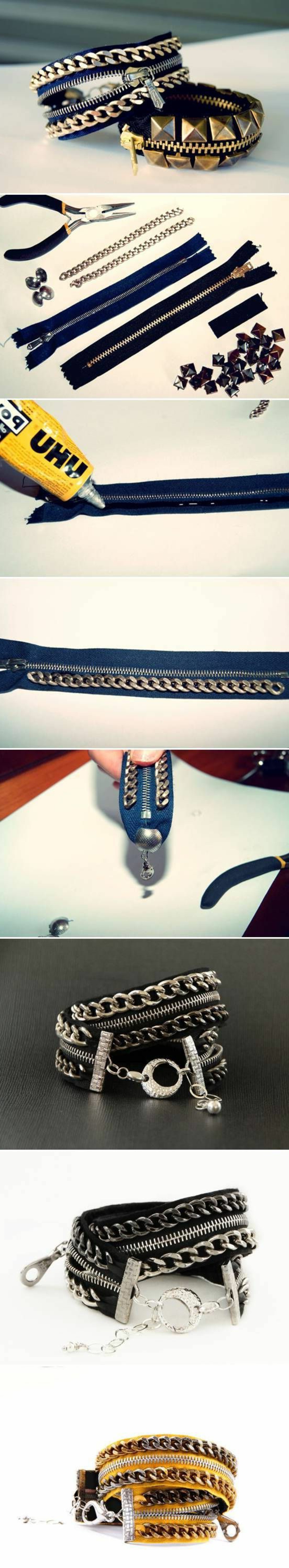 Armbänder selber machen: Reißverschluss-Armbänder mit Ketten und Schmucknieten