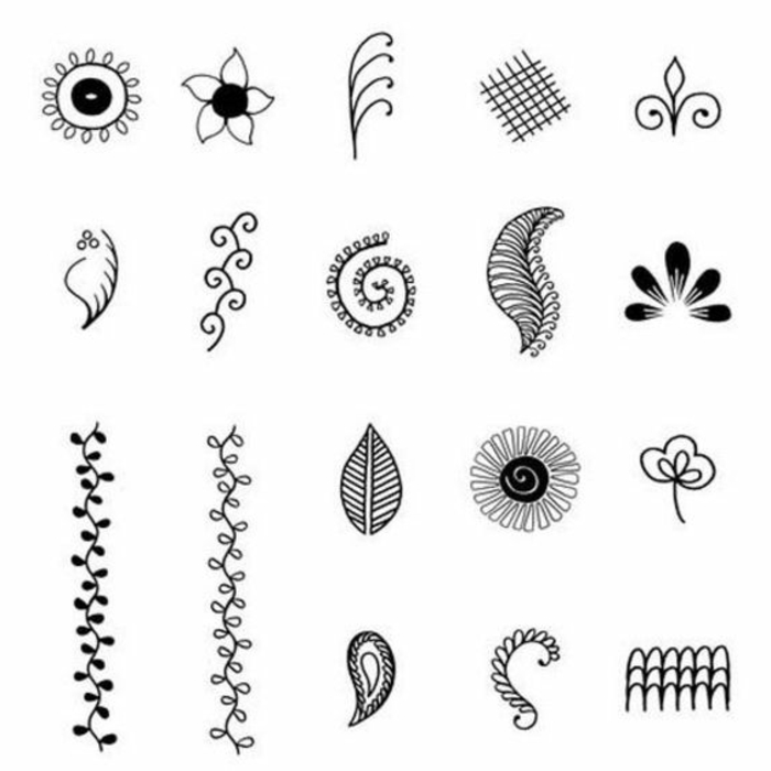 Henna Tattoo Muster - unterschiedliche Formen, Blumen, Pflanzenblätter, Feder, schwarze Farbe