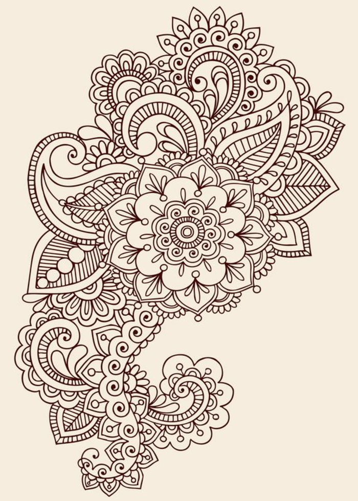 Henna Tattoo Muster mit floralen Motiven, großes Tattoo für den Rücken, Blumentattoo Muster