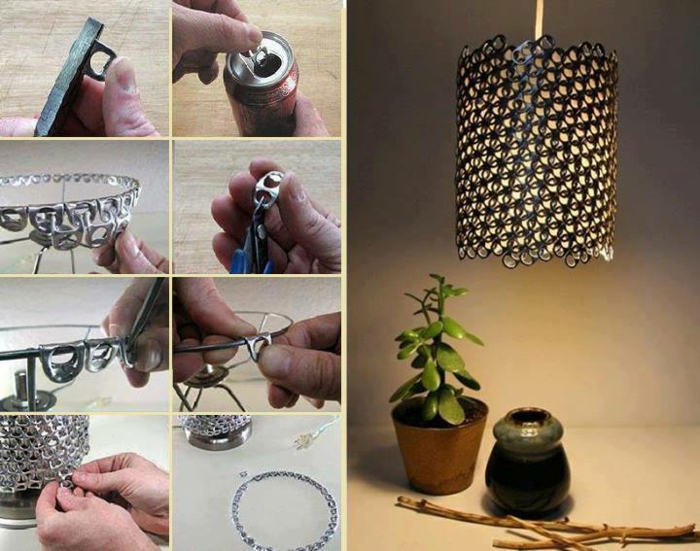 Lampenschirm selber machen; runder Lampenschirm aus Dosenverschlüssen, Metallschere, Zange