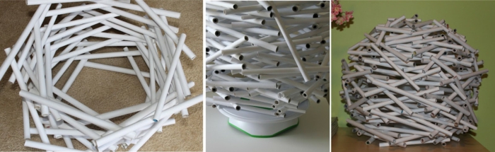 Lampenschirm selber machen: Aluminiumrohre in weißer Farbe, runder Lampenschirm, Form einer Sphäre