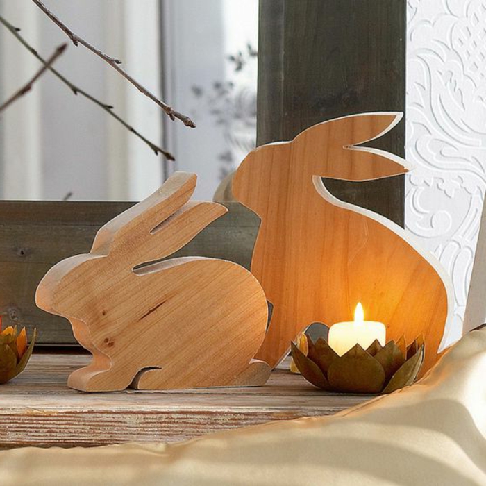 Osterhasen aus Holz Osterdeko Figuren und Kerze