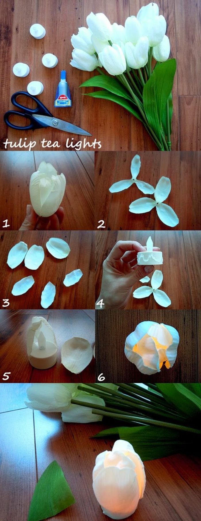teelichter aus plastiklöffel und weißen blumenblättern, tulpen