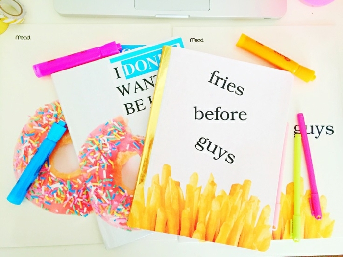 lustige Aufschriften mit Thema Essen auf Schulmaterialien bedrucken - Pottes Fries und Donuts