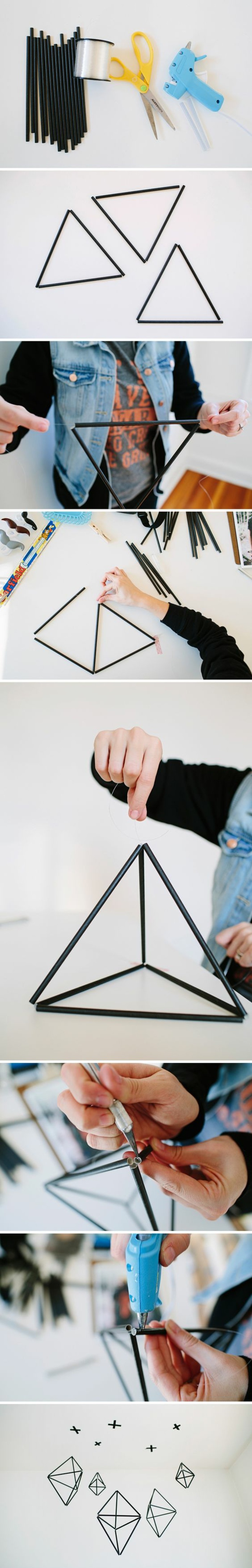 coole bastelideen - hängende geometrische figuren aus schwarzen röhren und angelleine