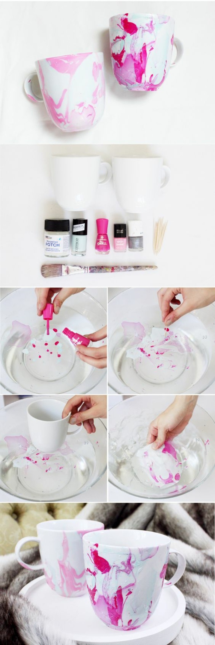weiße teetassen mit rosa nagellack dekorieren, glasschale, wasser