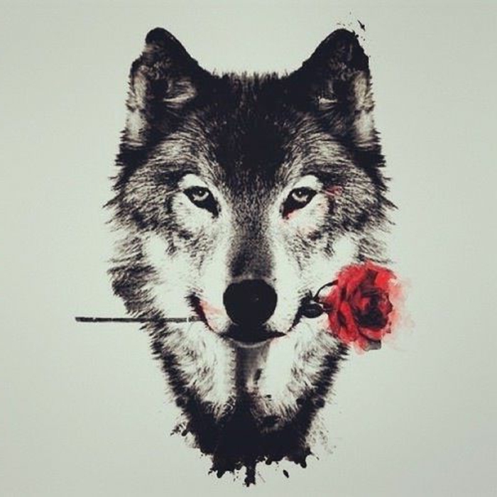 hier zeigen wir ihnen noch eine idee für einen wolf tattoo, wolf tribal - ein wolf mit einer roten rose 
