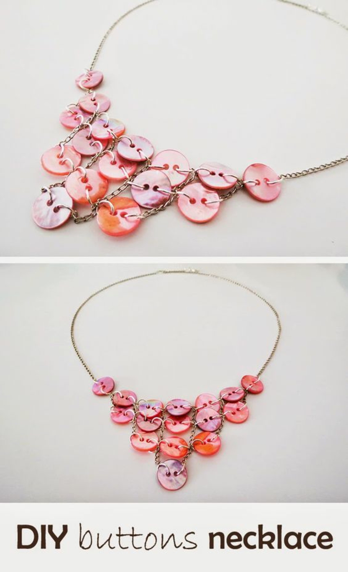 Ketten selber machen: Halskette aus pink-orangen Plastikknöpfen