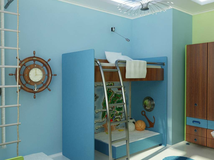 kompaktes Piraten Kinderzimmer mit blaues Bett und Schrank aus Holz, Uhr wie Steuerrad, Strickleiter als Dekoration