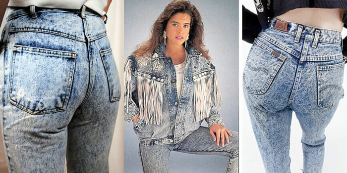 80er Jahre Look - gewaschene Jeans mit hoher Taille, Denimjack mit Troddeln in Weiß