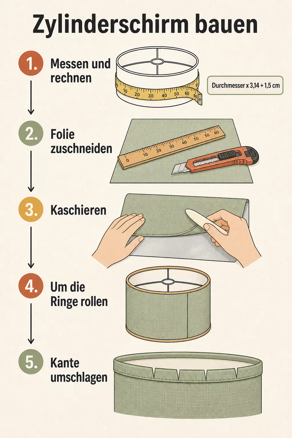 Infografik: fünf Schritte zum selbstgebastelten Zylinderlampenschirm