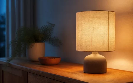 Lampenschirm basteln: fertiger Leinenschirm leuchtet warm auf der Tischlampe