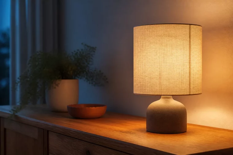 Lampenschirm basteln: fertiger Leinenschirm leuchtet warm auf der Tischlampe