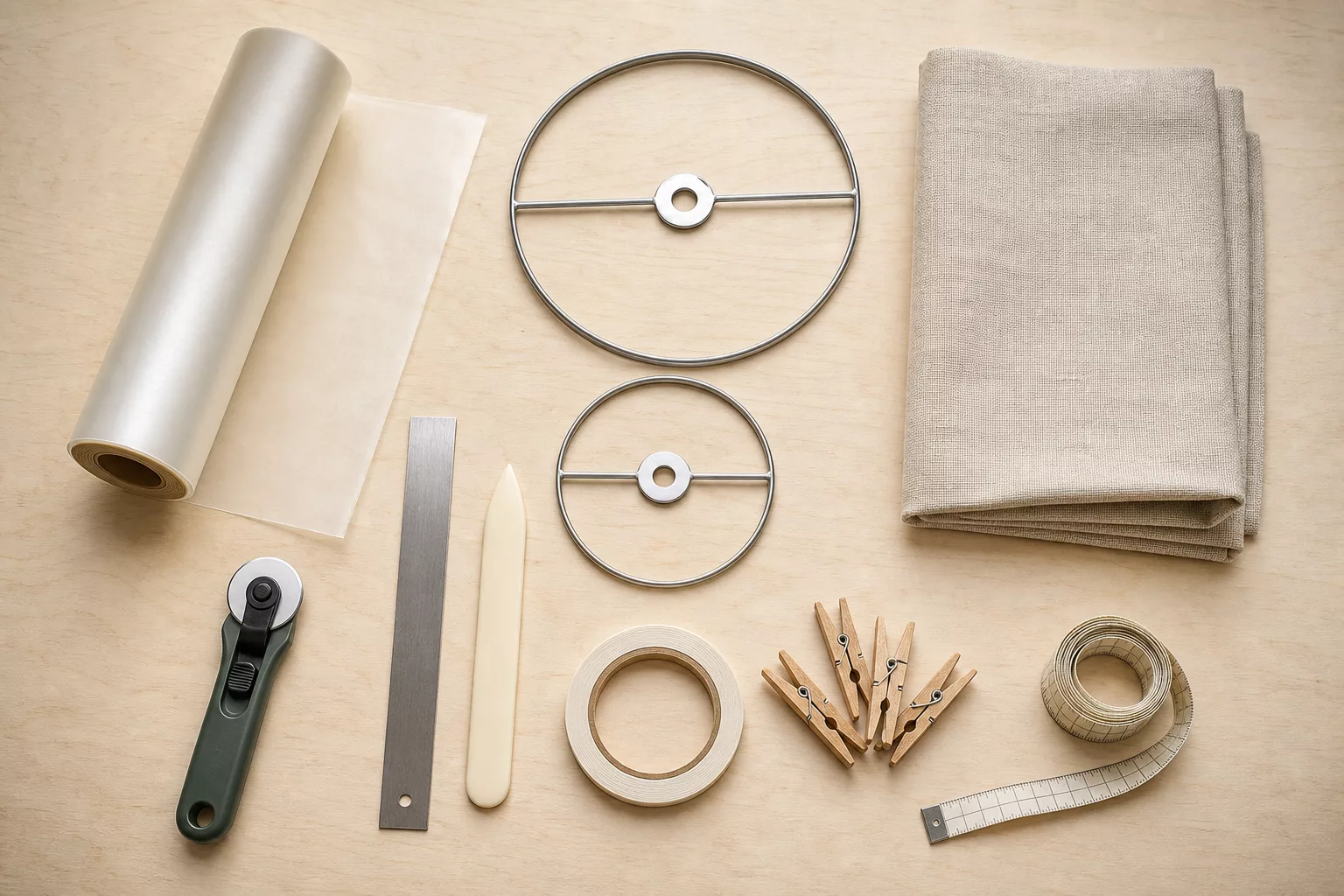 Material-Flatlay für den Lampenschirm: Ringe, Folie, Leinenstoff und Werkzeug