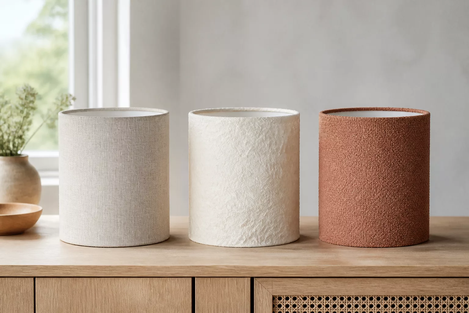 Drei fertige Lampenschirme aus Leinen, Knitterpapier und Bouclé-Stoff