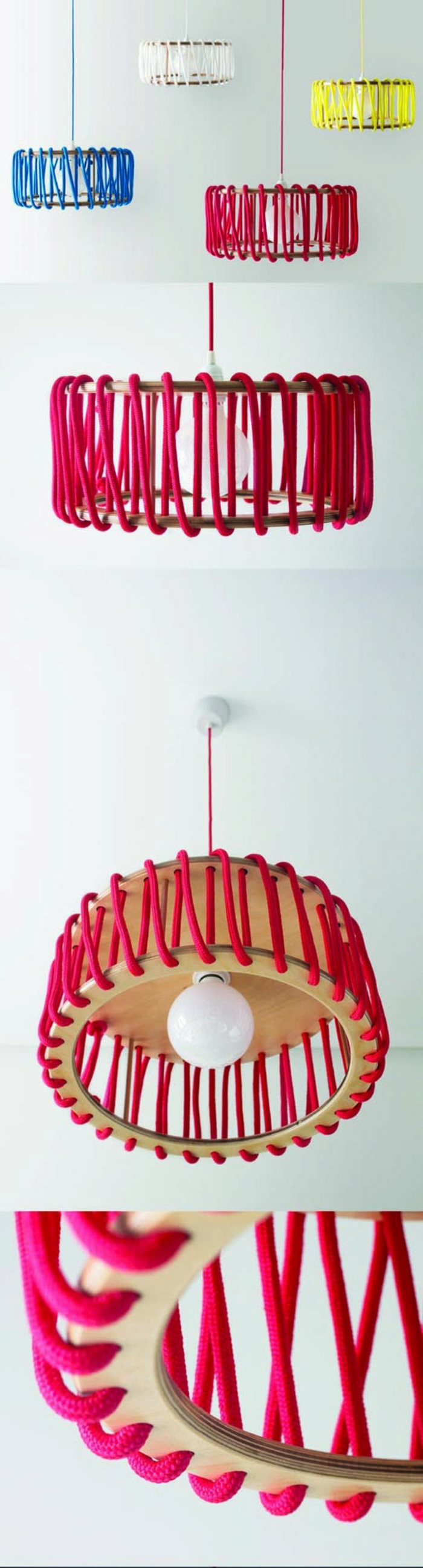 selbstgemachte Lampenschirme aus Holzbrettern, Holzringen und farbigen Seilen